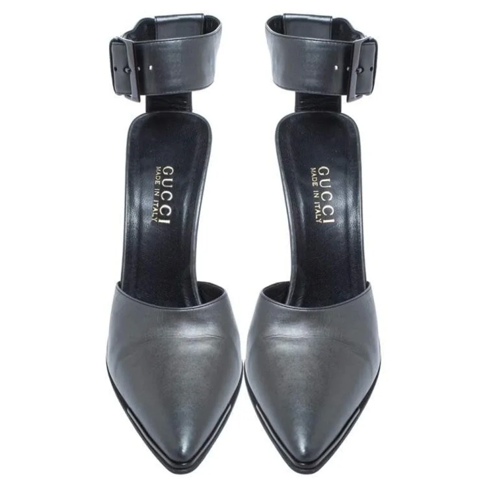 Gucci Heels Women 6B Black Leather Ankle Strap Pointed Toe Stiletto Dress Shoes